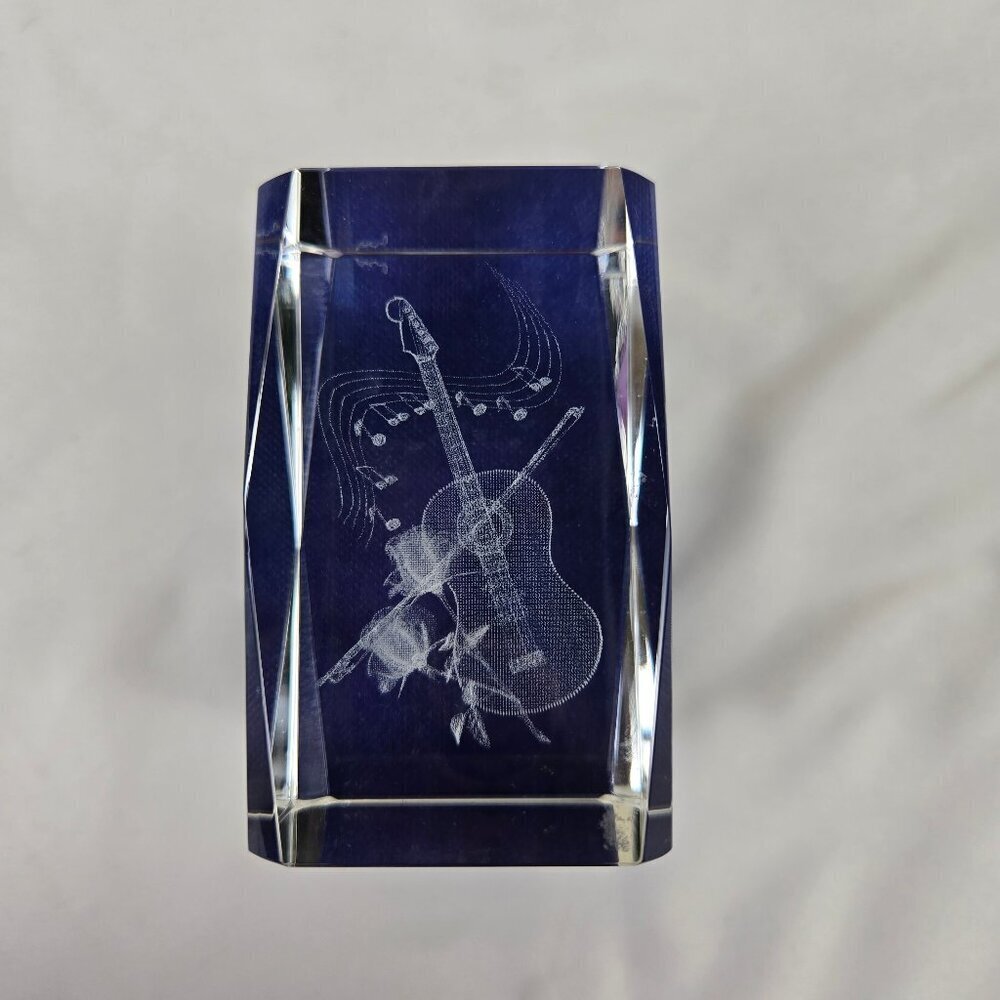 Rectangular Etched Prism Paperweight Violin with Roses In Original Box